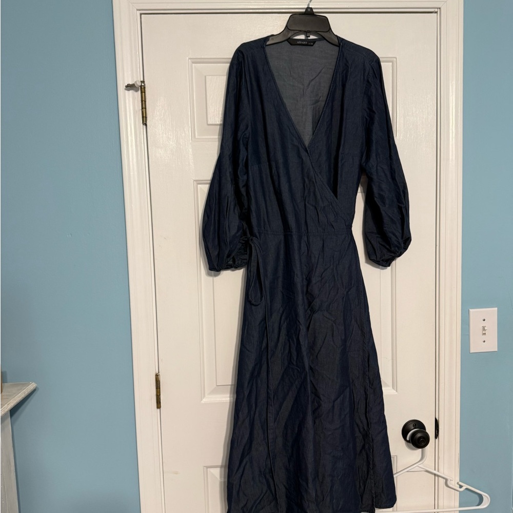 eShakti Blue Long Sleeve Wrap Sundress